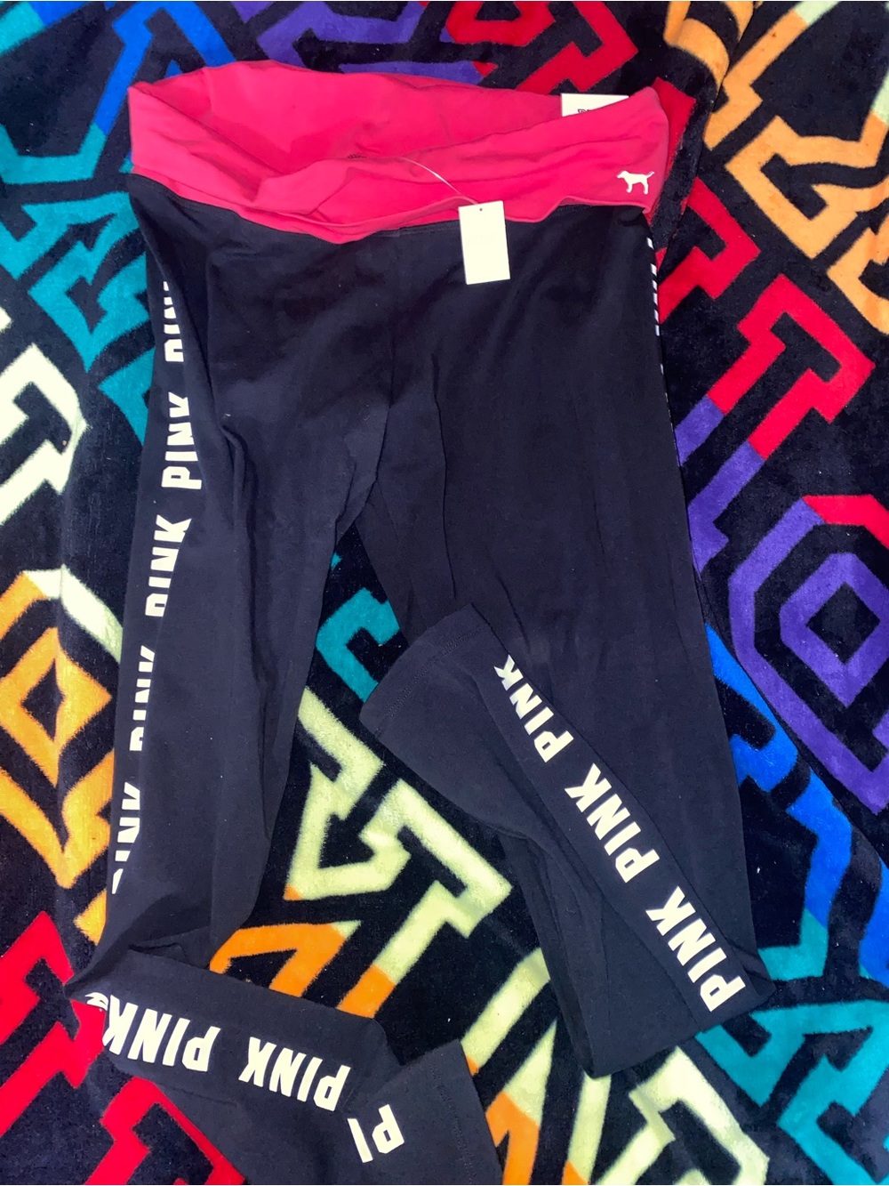 Y2K NWT, PINK Victoria's Secret Black Leggings with Hot Pink Fold-Over Waistband
